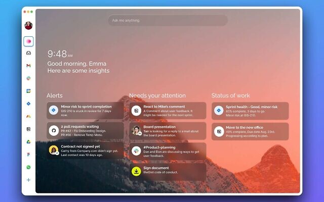 La plateforme unique de la startup israélienne theGist, gérée par l'IA, qui centralise les applications de travail des employés. (Crédit : Autorisation) La plateforme unique de la startup israélienne theGist, gérée par l'IA, qui centralise les applications de travail des employés. (Crédit : Autorisation)