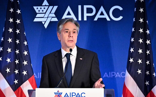 Le secrétaire d'État américain Antony Blinken lors d'une prise de parole lors du sommet politique de l'AIPAC, à Washington, le 5 juin 2023. (Crédit : Mandel Ngan/AFP) Le secrétaire d'État américain Antony Blinken lors d'une prise de parole lors du sommet politique de l'AIPAC, à Washington, le 5 juin 2023. (Crédit : Mandel Ngan/AFP)