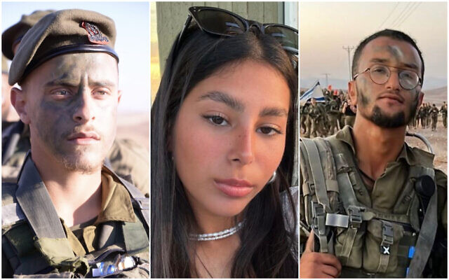 Les soldats de combat, le sergent-chef Ohad Dahan, 20 ans, à gauche, la sergente Lia Ben Nun, 19 ans, et le sergent-chef Ori Yitzhak Iluz, à droite, du bataillon Bardelas, abattus à la frontière égyptienne, le 3 juin 2023. (Crédit : Armée israélienne) Les soldats de combat, le sergent-chef Ohad Dahan, 20 ans, à gauche, la sergente Lia Ben Nun, 19 ans, et le sergent-chef Ori Yitzhak Iluz, à droite, du bataillon Bardelas, abattus à la frontière égyptienne, le 3 juin 2023. (Crédit : Armée israélienne)