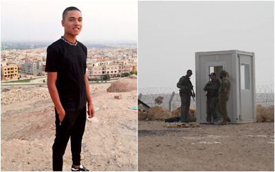 À gauche, Mohamed Salah Ibrahim, 22 ans, le policier égyptien qui a tué trois soldats de l'armée sur la frontière ; à droite : le poste militaire qui avait été attaqué par Ibrahim le 3 juin 2023. (Crédit : Réseaux Sociaux ; Armée israélienne)