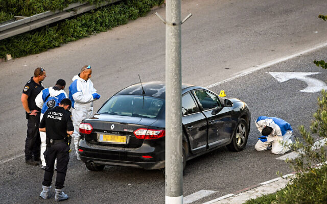 La police sur les lieux où un homme a été abattu au volant de sa voiture, dans la ville arabe de Shfaram, au nord d'Israël, le 3 mai 2023. Illustration (Crédit : Flash90)