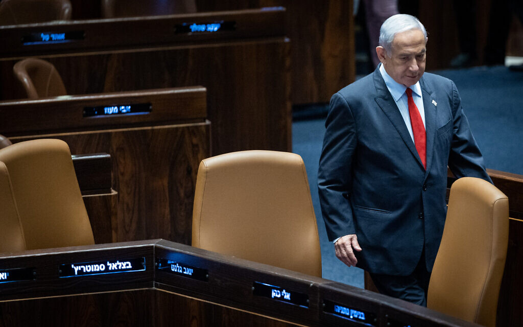 Le Premier ministre Benjamin Netanyahu à la Knesset, le 29 mai 2023. (Crédit : Yonatan Sindel/Flash90) Le Premier ministre Benjamin Netanyahu à la Knesset, le 29 mai 2023. (Crédit : Yonatan Sindel/Flash90)