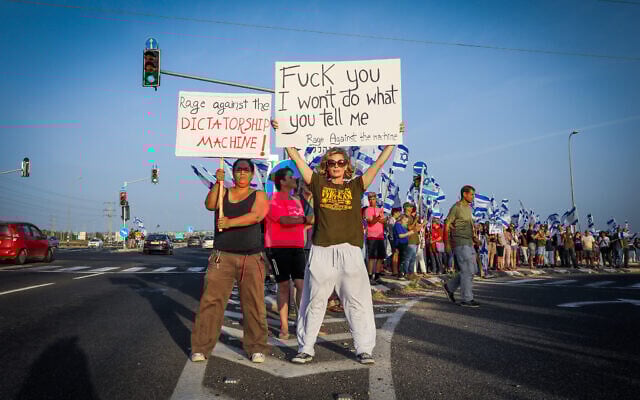 Des Israéliens manifestant contre le projet de réforme du système judiciaire du gouvernement, au carrefour Nahalal, le 3 juin 2023. (Crédit : Anat Hermony/Flash90)