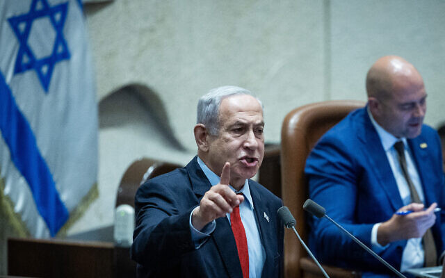 Le Premier ministre Benjamin Netanyahu à la Knesset le 26 juin 2023. (Crédit : Yonatan Sindel/Flash90) Le Premier ministre Benjamin Netanyahu à la Knesset le 26 juin 2023. (Crédit : Yonatan Sindel/Flash90)