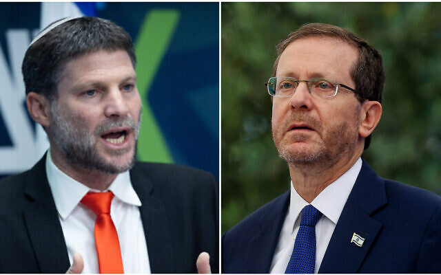 A gauche, le ministre des Finances Bezalel Smotrich à la Knesset de Jérusalem, le 1er mai 2023. (Crédit: Yonatan Sindel/Flash90). A droite, le président Isaac Herzog à Jérusalem, le 14 juin 2023. (Crédit : Noam Revkin Fenton/Flash90) A gauche, le ministre des Finances Bezalel Smotrich à la Knesset de Jérusalem, le 1er mai 2023. (Crédit: Yonatan Sindel/Flash90). A droite, le président Isaac Herzog à Jérusalem, le 14 juin 2023. (Crédit : Noam Revkin Fenton/Flash90)