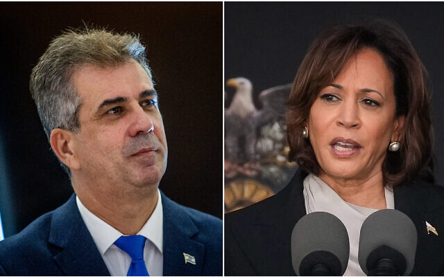 À droite : Le ministre des Affaires étrangères Eli Cohen, à Jérusalem, le 17 mai 2023. À gauche : La vice-présidente américaine Kamala Harris, à West Point, New York, le 27 mai 2023. (Oren Ben Hakoon/Flash90 ; AP Photo/Bryan Woolston) À droite : Le ministre des Affaires étrangères Eli Cohen, à Jérusalem, le 17 mai 2023. À gauche : La vice-présidente américaine Kamala Harris, à West Point, New York, le 27 mai 2023. (Oren Ben Hakoon/Flash90 ; AP Photo/Bryan Woolston)