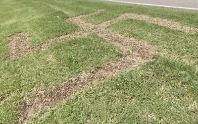 Une croix gammée taillée dans l'herbe dans le jardin d'un homme à Oklahoma City. (Crédit : Capture d'écran KOCO News 5 ABC ; utilisée conformément à l'article 27a de la loi sur le droit d'auteur)