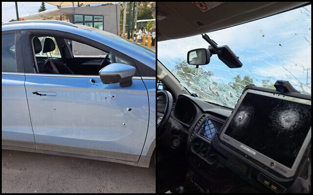 Des impacts de balles sur un véhicule militaire israélien (à droite) et une voiture appartenant à un Israélien (à gauche) près du point de contrôle de Reihan, après qu'ils ont essuyé des tirs à un carrefour voisin dans le nord de la Cisjordanie, le 13 juin 2023. (Crédit : conseil régional de Samarie) Des impacts de balles sur un véhicule militaire israélien (à droite) et une voiture appartenant à un Israélien (à gauche) près du point de contrôle de Reihan, après qu'ils ont essuyé des tirs à un carrefour voisin dans le nord de la Cisjordanie, le 13 juin 2023. (Crédit : conseil régional de Samarie)