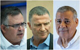 De gauche à droite : les députés Likud  David Bitan, Yuli Edelstein et Shalom Danino à la Knesset, en 2022 et 2023. (Crédit : Flash90, File)
