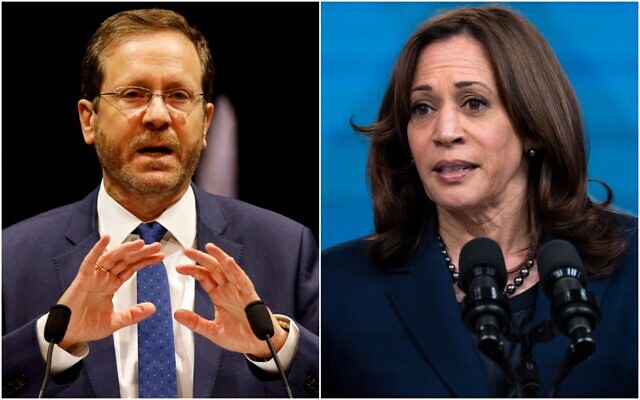 Le président Isaac Herzog et la vice-présidente américaine Kamala Harris. (Crédit : Collage/AP)