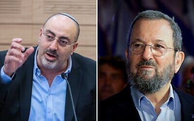 A gauche, Nissim Vaturi, député du Likud, lors d'une réunion de commission à la Knesset de Jérusalem, le 6 décembre, 2022. (Crédit: Olivier Fitoussi/Flash90); L'ex-Premier ministre Ehud Barak lors d'une manifestation contre la refonte du système judiciaire à Tel Aviv, le 25 février 2023. (Crédit :  Avshalom Sassoni‎‏/Flash90)