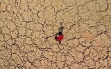 Un jeune marche sur un sol craquelé et asséché dans les marais de Hawizeh, à la frontière entre l'Irak et l'Iran, dans la province de Maysan, dans le Sud-Est du pays, le 8 octobre 2022. (Crédit : Asaad Niazi/AFP)