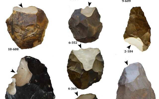 Les zones des anciennes haches à main qui ont été retirées pour l'analyse chimique. (Crédit : Université de Tel Aviv)
