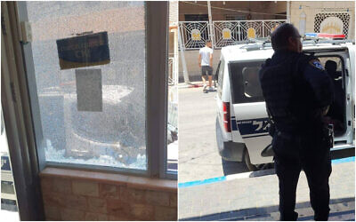 Les dommages causés à un magasin dans la communauté samaritaine du mont Gerizim, à la suite d'une fusillade en voiture, près de Naplouse dans le nord de la Cisjordanie, le 5 juillet 2023. (Autorisation)