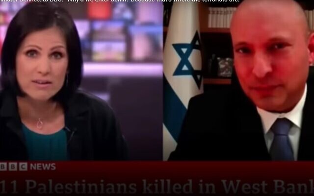 L'ancien Premier ministre Naftali Bennett, à droite, lors d'une interview à la BBC au cours de laquelle la présentatrice Anjana Gadgil lui a dit que l'armée israélienne "sont heureuses de tuer des enfants" lors de l'opération de Jénine, le 4 juillet 2023. (Crédit : Capture d'écran Youtube ; utilisée conformément à la clause 27a de la loi sur les droits d'auteur) L'ancien Premier ministre Naftali Bennett, à droite, lors d'une interview à la BBC au cours de laquelle la présentatrice Anjana Gadgil lui a dit que l'armée israélienne "sont heureuses de tuer des enfants" lors de l'opération de Jénine, le 4 juillet 2023. (Crédit : Capture d'écran Youtube ; utilisée conformément à la clause 27a de la loi sur les droits d'auteur)