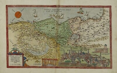 La carte de Jode Land of Israel 1593, l'une des cartes de la Golden Map Collection données à la Bibliothèque nationale d'Israël. (Crédit : Autorisation/Bibliothèque nationale d'Israël)