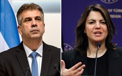 Le ministre des Affaires étrangères israélien  Eli Cohen, à gauche, et la ministre libyenne des Affaires étrangères, Najla Mangoush, à droite. (Crédit : Iakovos Hatzistavrou/AFP ; Adem Altan/AFP)
