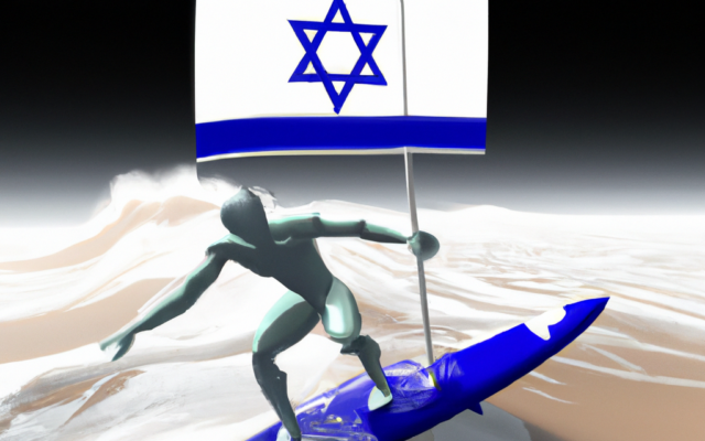 Illustration de DALL-E créée par Shoshanna Solomon : un cyborg futuriste chevauchant une vague au milieu de la mer avec un drapeau israélien en arrière-plan.
