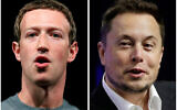 Le PDG de Meta, Mark Zuckerberg, à gauche, et le PDG de Tesla et SpaceX, Elon Musk, à droite. (Crédit : AP Photo/Manu Fernandez, Stephan Savoia)
