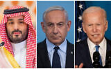 De gauche à droite : Le prince héritier saoudien Mohammed ben Salmane, à Jeddah, en Arabie saoudite, le 19 mai 2023 ; le Premier ministre Benjamin Netanyahu, à Jérusalem ; le Président américain Joe Biden, à Washington, le 2 novembre 2022. (Crédit : Saudi Press Agency/AP ; Alex Kolomoisky/Flash90 ; Michael A. McCoy/GETTY IMAGES NORTH AMERICA/AFP)