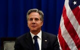 Le secrétaire d'État américain Antony Blinken lors d'une réunion avec le ministre turc des Affaires étrangères Hakan Fidan, à New York, le 22 septembre 2023. (Crédit : Bing Guan/Pool Photo via AP)