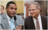 A gauche : Le représentant Ritchie Torres, démocrate de New York, lors d'une audience spéciale de la chambre consacrée à la Chine au Capitole américain à Washington, le 28 février 2023. A droite : le ministre de la Sécurité nationale israélien Itamar Ben Gvir arrive à la réunion hebdomadaire de cabinet au Bureau du Premier ministre à Jérusalem, le 27 août 2023. (Crédit : Alex Brandon, Menahem Kahana/AP)