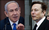 À gauche : le Premier ministre Benjamin Netanyahu dirigeant une réunion du cabinet, au Bureau du Premier ministre, à Jérusalem le 10 septembre 2023 ; à droite : Elon Musk quittant le Phillip Burton Federal Building et le United States Court House, à San Francisco, le 24 janvier 2023. (Crédit : Chaïm Goldberg/Flash90 ; Benjamin Fanjoy/AP Photo/Dossier)