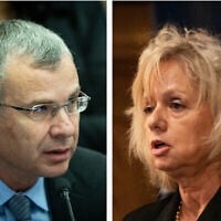 Montage photos (de gauche à droite) : le ministre de la Justice Yariv Levin prenant la parole lors d'une réunion de la commission de la Constitution, du Droit et de la Justice à la Knesset, à Jérusalem, le 11 janvier 2023 ; la procureure générale Gali Baharav-Miara assistant à une conférence, à l'université de Haïfa, le 15 décembre 2022. (Crédits : Yonatan Sindel/Flash90 ; Shir Torem/Flash90)