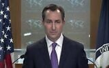 Matthew Miller, porte-parole du Département d'État américain, lors d'une conférence de presse, le 23 juin 2023. (Crédit : Capture d'écran YouTube)