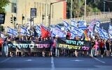 Des manifestants contre la refonte judiciaire de la coalition, portant des pancartes sur lesquelles on peut lire : "Il n'y a pas d'éducation sans démocratie", à droite, et "Une leçon de démocratie", dans la ville centrale de Rehovot, le 2 septembre 2023. (Crédit : Roby Yahav)