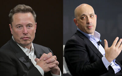 A gauche, Elon Musk, le propriétaire de X et directeur-général de Tesla et de Space X ; à droite, le chef de l'ADL Jonathan Greenblatt. (Crédit : Alain Jocard/AFP ; JP Yim/Getty Images via AFP)