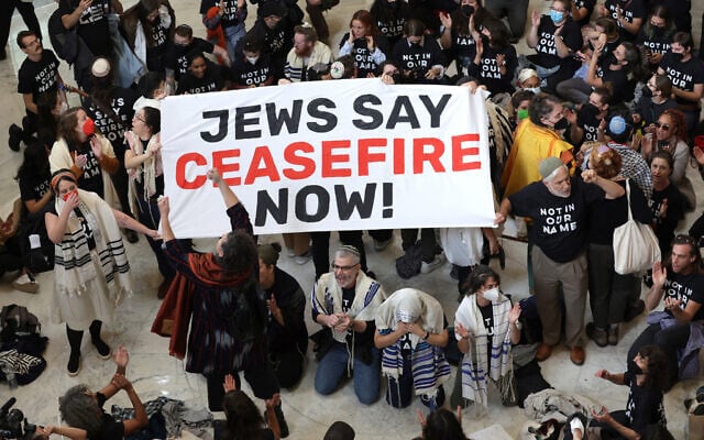Des protestataires organisent une manifestation en faveur d'un cessez-le-feu à Gaza dans le Cannon House Office Building, à Washington, DC, le 18 octobre 2023. (Crédit : ALEX WONG / GETTY IMAGES NORTH AMERICA / Getty Images via AFP)