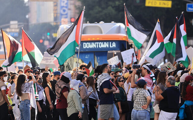 Manifestation anti-Israël à Los Angeles le 28 octobre 2023. (Crédit : DAVID SWANSON / AFP)