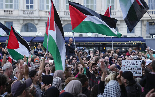 Des gens brandissant des drapeaux palestiniens pendant un rassemblement pro-palestinien à Marseille, en France, le 10 octobre 2023. (Crédit : Pavel Golovkin/AP)