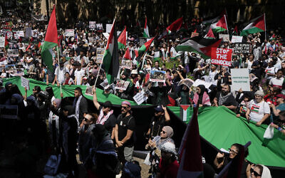 Des personnes rassemblées lors d'un rassemblement pro-palestinien, à Sydney, le 21 octobre 2023. (Crédit : Rick Rycroft/AP Photo)