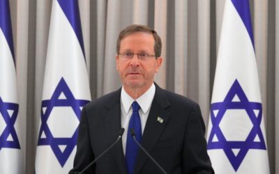 Le président Isaac Herzog s'adresse à la nation, le 8 octobre 2023. (Crédit : Amos Ben Gershom/GPO)