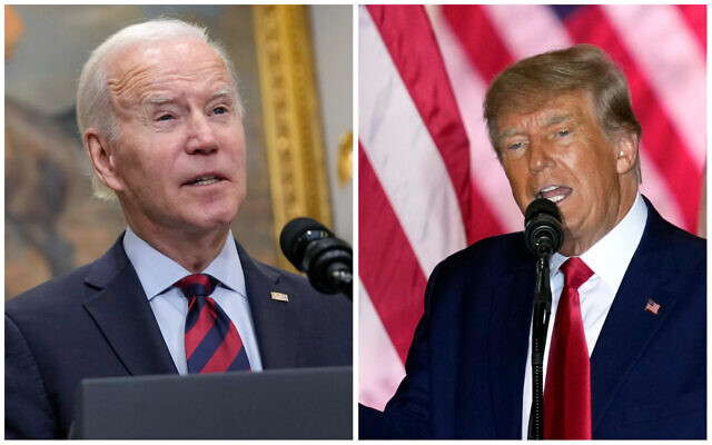 À gauche, le président américain Joe Biden s'exprimant dans la salle Roosevelt de la Maison Blanche, le 2 décembre 2022 ; à droite, l'ancien président américain Donald Trump annonçant une troisième candidature à la présidence alors qu'il s'exprime à Mar-a-Lago à Palm Beach, en Floride, le 15 novembre 2022. (Crédit : Manuel Balce Ceneta ; Rebecca Blackwell/AP) À gauche, le président américain Joe Biden s'exprimant dans la salle Roosevelt de la Maison Blanche, le 2 décembre 2022 ; à droite, l'ancien président américain Donald Trump annonçant une troisième candidature à la présidence alors qu'il s'exprime à Mar-a-Lago à Palm Beach, en Floride, le 15 novembre 2022. (Crédit : Manuel Balce Ceneta ; Rebecca Blackwell/AP)