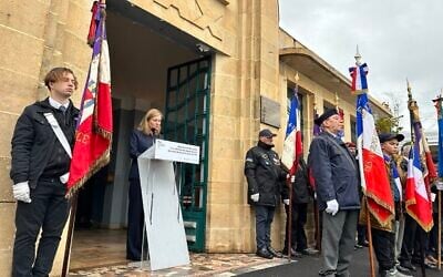 Yaël Braun-Pivet lors d'une cérémonie en mémoire des déportés juifs du camp de travail nazi de Thil, en Meurthe-et-Moselle, le 30 octobre 2023. (Twitter)