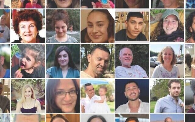 Montage de photos d'otages détenus à Gaza par le Hamas après l'invasion de 2 500 terroristes en Israël, le 7 octobre 2023, au cours de laquelle 1 400 personnes ont été massacrées et quelque 220 capturées. (Crédit : Kidnapped From Israel / Dede Bandaid, Nitzan Mintz et Tal Huber. Conçu par Shira Gershoni et Yotam Kellner)