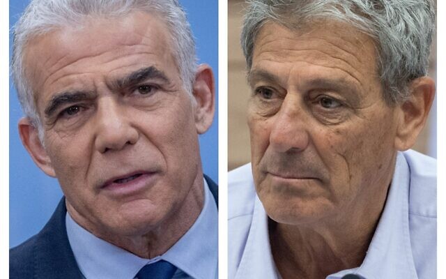 À gauche, le chef de Yesh Atid, Yaïr Lapid, lors d'une réunion de faction à la Knesset à Jérusalem, le 17 juillet 2023 ; à droite, le député  Ram Ben Barak dirigeant une réunion conjointe des commissions des Affaires étrangères et de la Sécurité intérieure, à la Knesset à Jérusalem, le 20 juin 2022. (Crédit : Chaïm Goldberg/Flash90 ; Yonatan Sindel/Flash90)