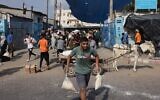 Des Palestiniens envahissent un centre d'approvisionnement humanitaire géré par l'ONU, qui distribue de la nourriture aux familles déplacées, suite à l'appel d'Israël à plus d'un million d'habitants du nord de Gaza d'évacuer vers le sud pour leur sécurité, à Deir el-Balah, le 28 octobre 2023. (Crédit : MOHAMMED ABED/ AFP)