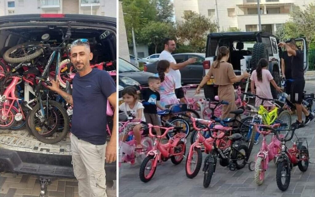 Image composite largement distribuée sur les réseaux montrant Alaa Amara distribuer des vélos aux enfants évacués, le 12 octobre 2023. (Crédit : Capture d'écran ; utilisée conformément à l'article 27a de la loi sur le droit d'auteur) Image composite largement distribuée sur les réseaux montrant Alaa Amara distribuer des vélos aux enfants évacués, le 12 octobre 2023. (Crédit : Capture d'écran ; utilisée conformément à l'article 27a de la loi sur le droit d'auteur)