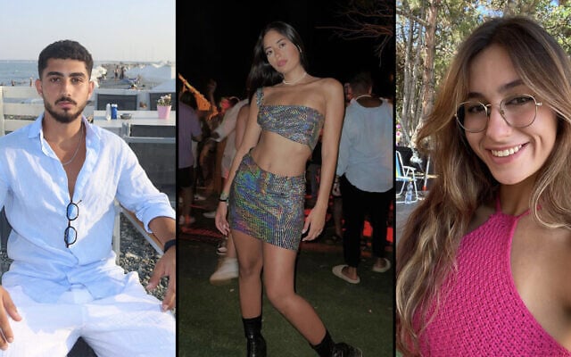 De gauche à droite : Gad Liebersohn, 21 ans ; Yarin Amar, 22 ans ; Yaelle Bonnet, 21 ans. Tous ont survécu au massacre lors du Festival Supernova, à l'extérieur du kibboutz Reim, le 7 octobre 2023. (Crédit : JTA)