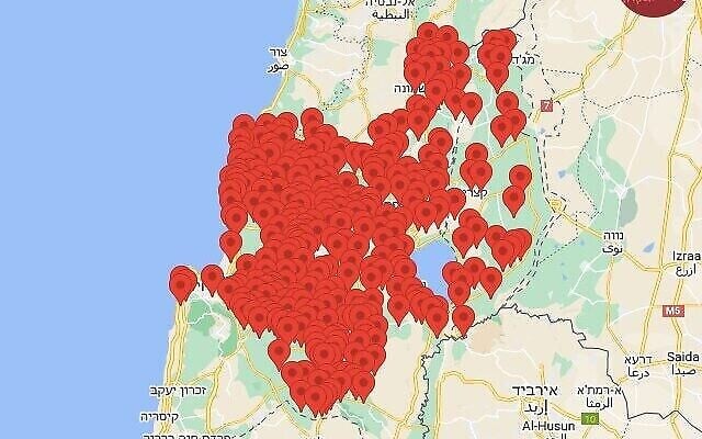 Une carte montrant les zones soupçonnées d'être attaquées par des drones, le 11 octobre 2023. (Crédit : Kumta) Une carte montrant les zones soupçonnées d'être attaquées par des drones, le 11 octobre 2023. (Crédit : Kumta)