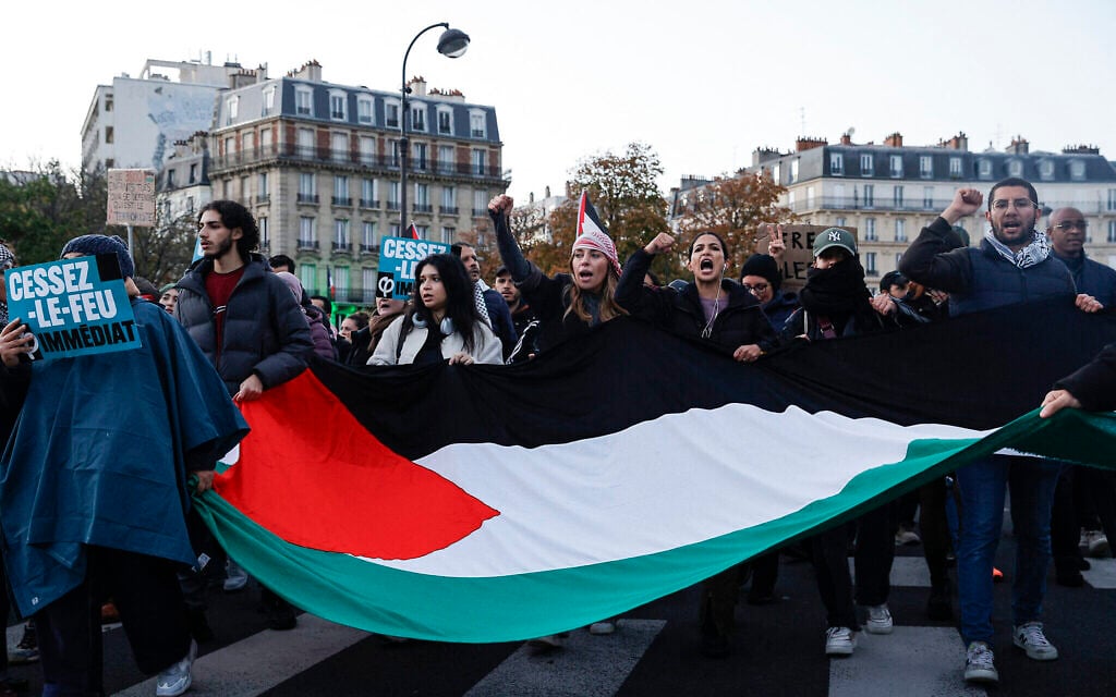Des manifestants brandissent un drapeau palestinien pendant une manifestation "en solidarité avec le peuple palestinien" à Paris, le 4 novembre 2023. (Crédit : Geoffroy VAN DER HASSELT / AFP)