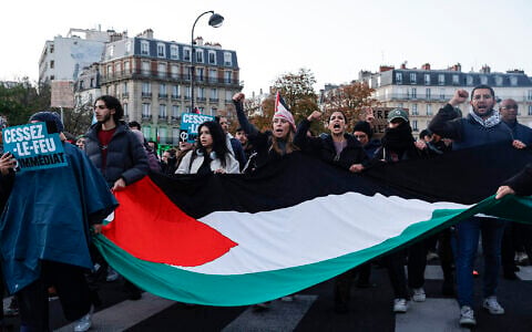 Des manifestants brandissent un drapeau palestinien pendant une manifestation "en solidarité avec le peuple palestinien" à Paris, le 4 novembre 2023. (Crédit : Geoffroy VAN DER HASSELT / AFP)