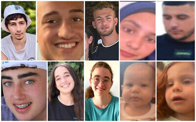 Photo composite des 10 enfants toujours otages dans la bande de Gaza sous autorité du Hamas au 28 novembre 2023. De gauche à droite : Amit Shani, Liam Or, Itay Regev, Aisha Ziyadne, Bilal Ziyadne. En bas, de gauche à droite : Ofir Engel, Gali Tarshansky, Mia Lemberg, Kfir Bibas et Ariel Bibas (Photos : Autorisation ; Composite : The Times of Israël)