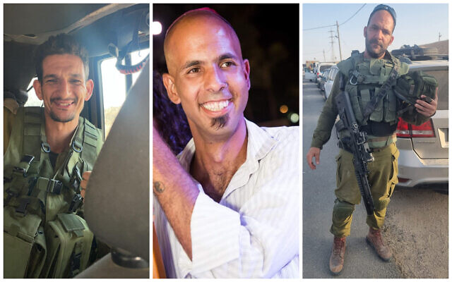 De gauche à droite : le major (res.) Chen Yahalom, le sergent-major (res.) Rani Tahan, le sergent-chef (res.) Yakir Biton, tués dans la bande de Gaza le 18 novembre 2023. (Crédit : Tsahal)