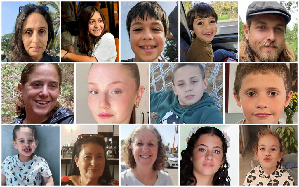 Les otages israéliens libérés le 26 novembre 2023 : En haut de gauche à droite : Hagar Brodetz et ses enfants Ofri, Yuval et Oriya, et Roni Krivoi ; au milieu : Chen Almog Goldstein et ses enfants Agam, Gal et Tal Almog ; en bas : Avigaïl Idan, Alma Avraham, Aviva Siegal, et les frères et sœurs Ela et Dafna Elyakim. (Crédit : Autorisation ; montage d'images : Times of Israel)