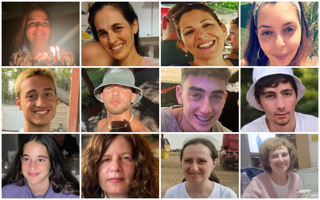 Les otages libérés le 29 novembre 2023. En haut, de gauche à droite : Raz Ben Ami, Yarden Roman, Liat Atzili, Moran Stela Yanai; middle: Liam Or, Itay Regev, Ofir Engel, Amit Shani. En bas : Gali Tarshansky, Raaya Rotem, Yelena Trupanob, et sa mère Irena Tati. (Crédit : Autorisation ; Montage photos du Times of Israel)